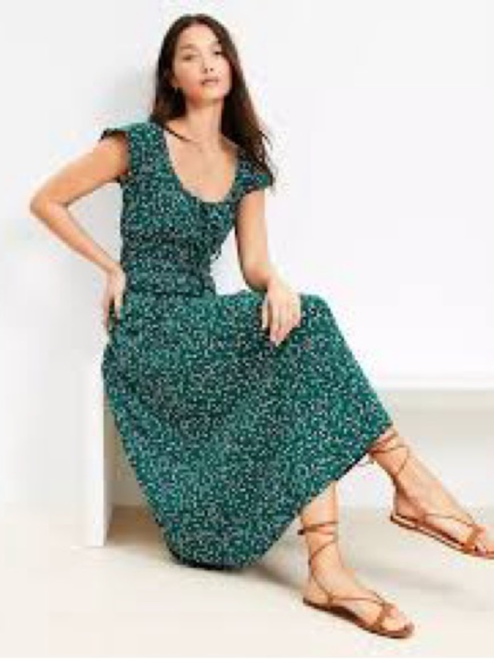 Loft Green Floral Scoop-Neck Midi Dress